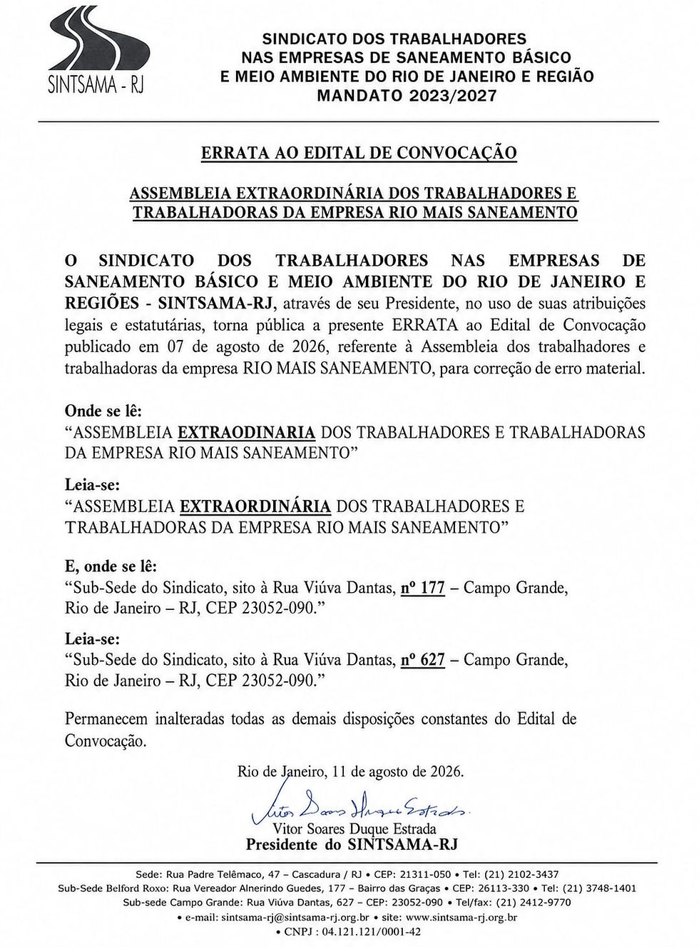 Errata do edital de convocação da assembleia da Rio+Saneamento