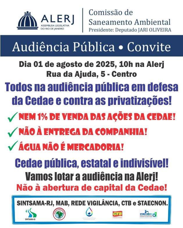Água é vida, não é mercadoria: audiência pública na Alerj vai comemorar os 50 anos da Cedae pública