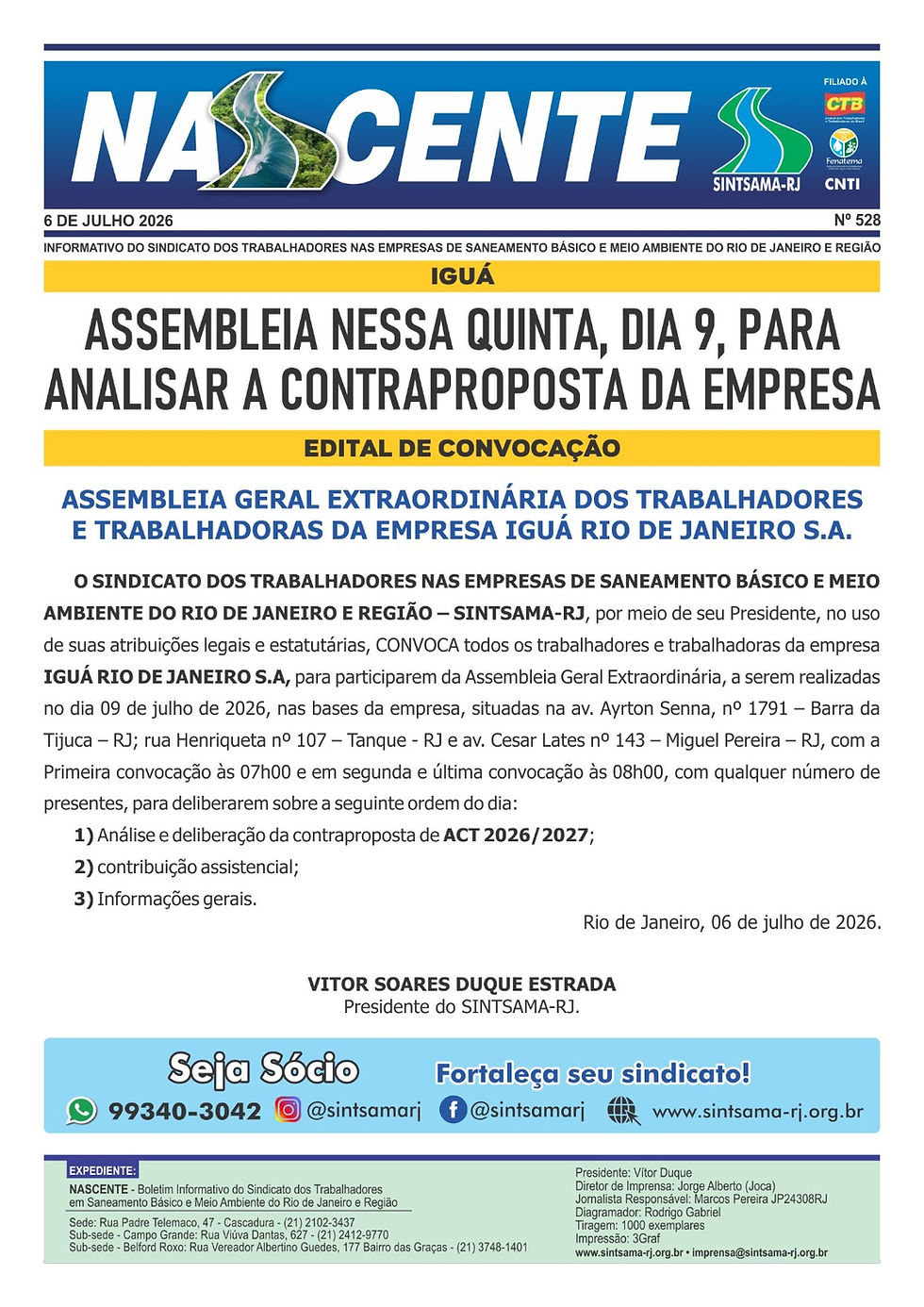 Iguá: assembleia nessa quinta, dia 9, para analisar a contraproposta da empresa
