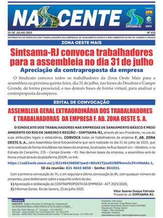 Zona Oeste Mais: Sintsama-RJ convoca trabalhadores para a assembleia no dia 31 de julho