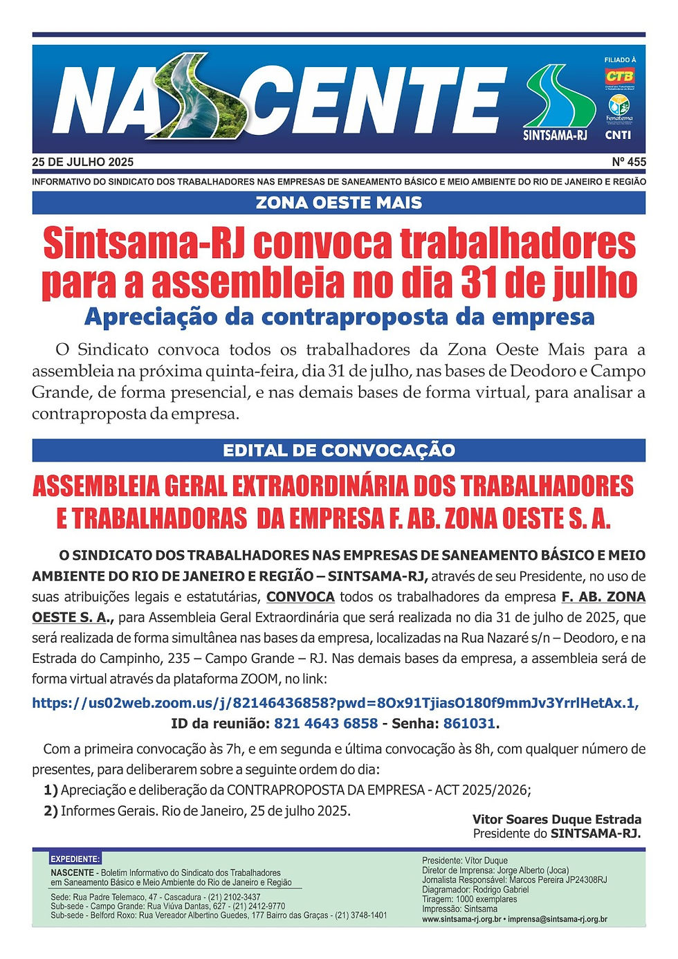 Zona Oeste Mais: Sintsama-RJ convoca trabalhadores para a assembleia no dia 31 de julho
