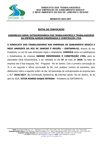 Edital: assembleia dos trabalhadores da Sanear Engenharia, dia 7