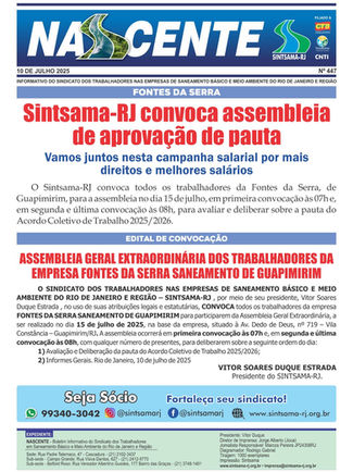 Sintsama-RJ convoca trabalhadores da Fonte da Serra para assembleia de aprovação de pauta