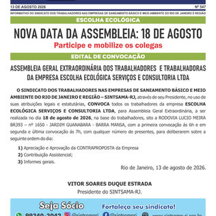 Nova data da assembleia da Escolha Ecológica: 18 de agosto