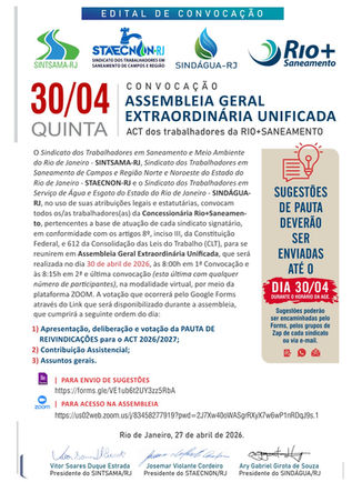 Assembleia dos trabalhadors da Rio+Saneamento, dia 30, 8h