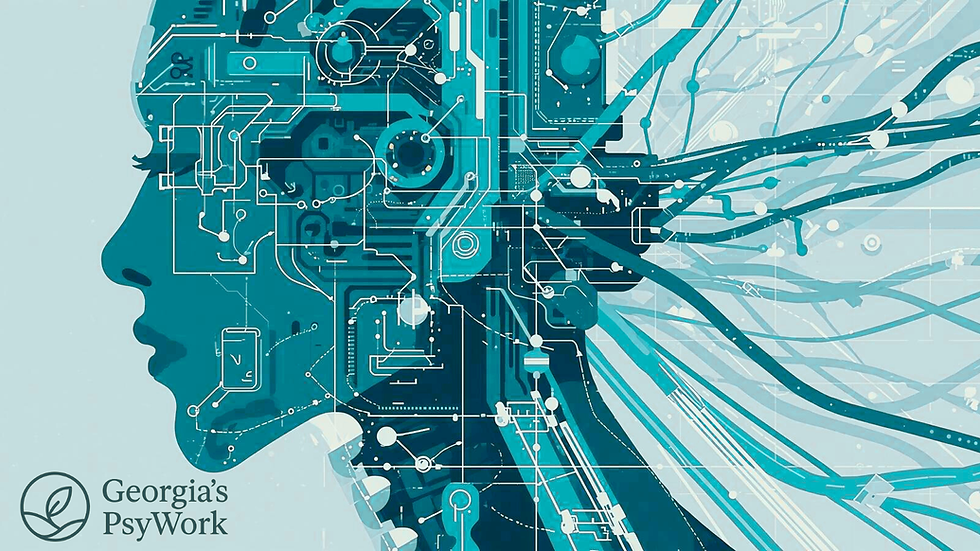 Silhouette of a human profile with circuit-like lines in teal and blue, merging with a network. Georgia's PsyWork logo in the corner.