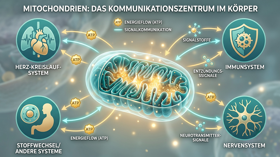Augenhöhe Ansicht eines schematischen Netzwerks von Zellen mit hervorgehobenen Mitochondrien und Immunzellen