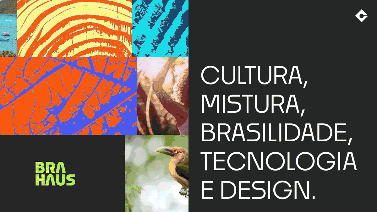 IF animado da logo da Brahaus com as palavras: Cultura, mistura, brasilidade, tecnologia e design, destacando a essência e os valores da marca.