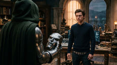 Imagem gerada por ia de Peter olhando para Doutor Destino sem a mascara