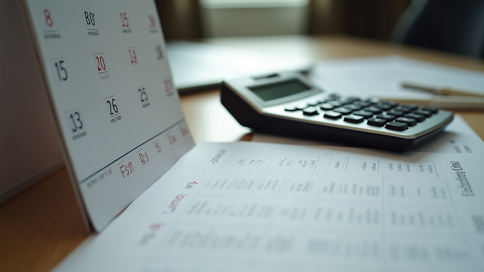 High angle view of a calendar and a calculator on a desk