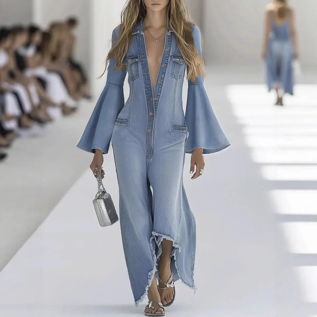 Denim Style Jumpsuits, Flare Sleeve Turn-Down Collar