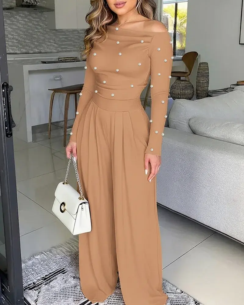 Thumbnail: Off Shoulder Jumpsuits for Woman Slant Collar/Beads