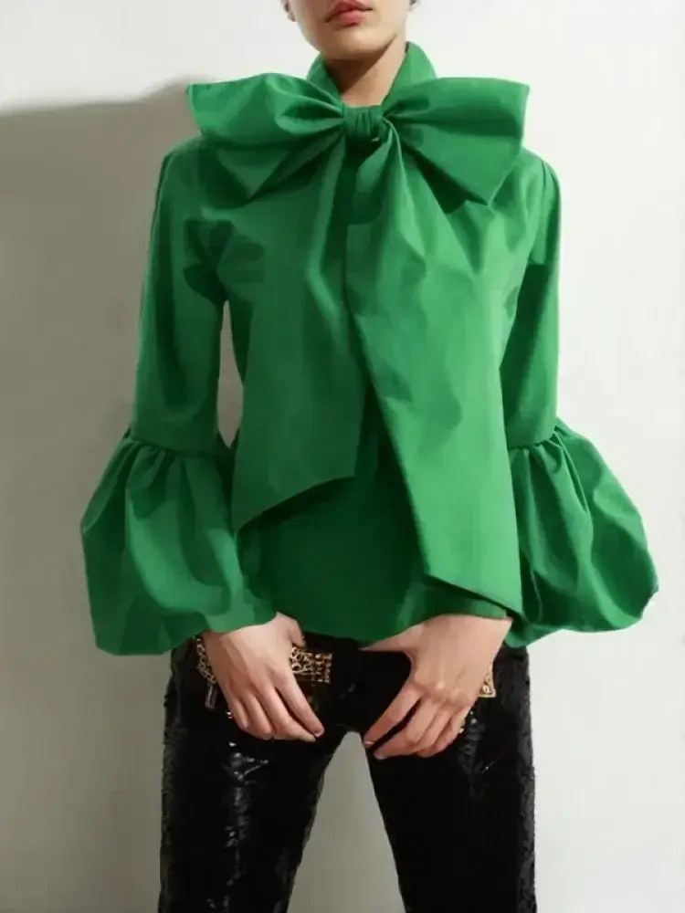 Bowknot High Collar Shirt Lantern Sleeve Solid Green Top