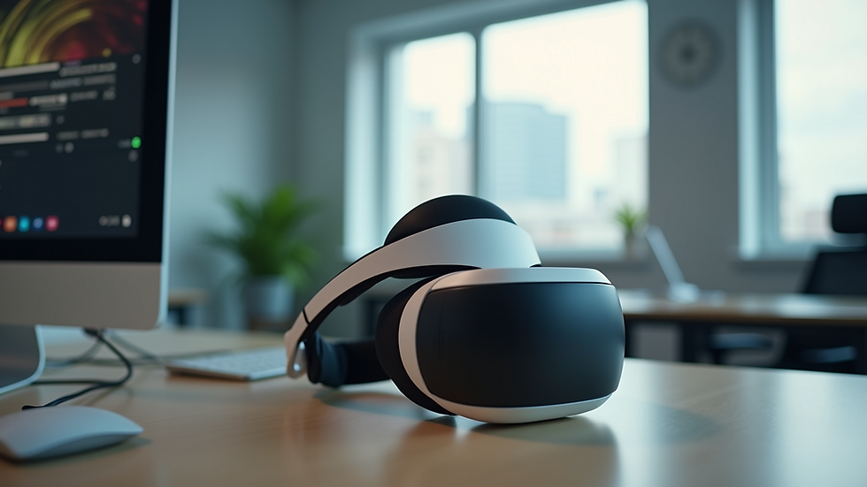 Eye-level view of a VR headset on a desk in a modern office