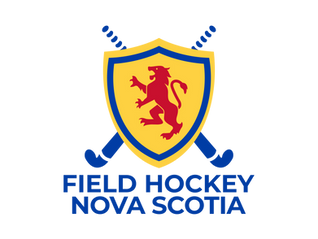 A crest with field hockey sticks with text that reads "Field Hockey Nova Scotia"