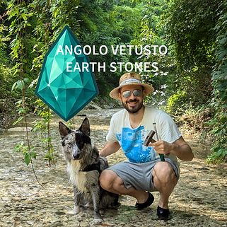 Logo Angolo Vetusto with the CEO / Owner Dalla Stella Federico and his trusty dog ​​Timon during a mineral search