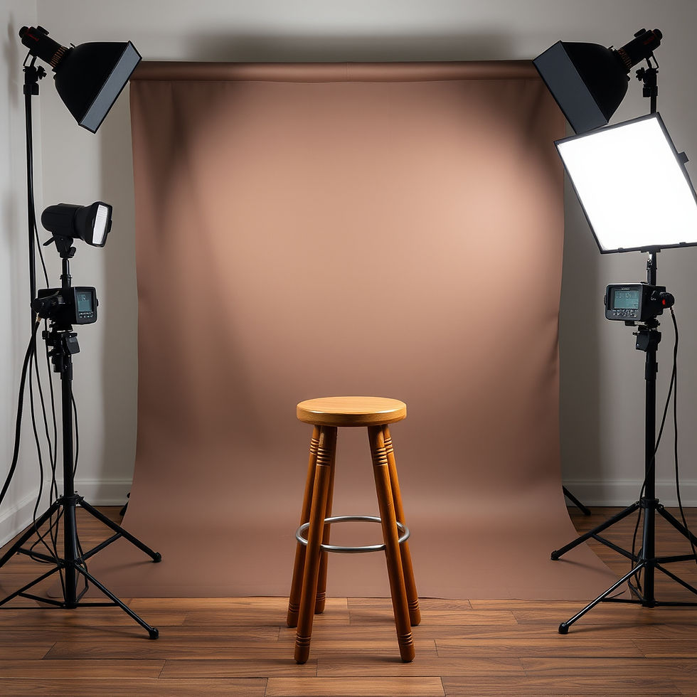 Empty studio photography stool in front of classic studio backdrop with flash boxes.