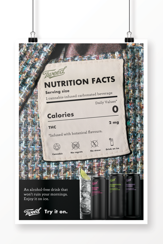 Poster representing a creative concept that advertises cannabis infused drinks for consumption