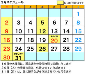３月の診療予定