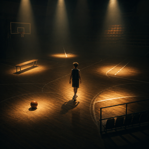 Conceptual cover image for The Academy of Small Moments, showing a young athlete on a basketball court transformed by light into a museum-like space, symbolizing the quiet seconds where children grow through sports.