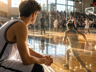 Young basketball player sitting on the bench while his reflection appears active on the court, symbolising mental readiness before entering the game