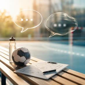 Premium conceptual image about youth sports communication, showing a bright sports bench with a ball, tactical board, and abstract speech bubbles symbolizing the difference between what adults say and what young athletes hear.