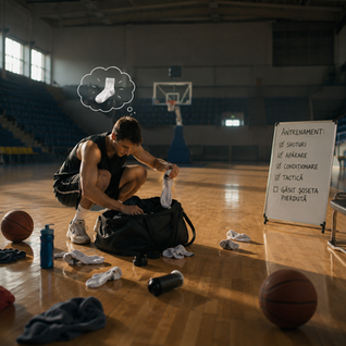 Young athlete alone in an almost empty basketball gym after practice, searching through a sports bag in a quiet and realistic moment that reflects the unseen side of athletic development.