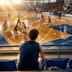 Young athlete on the bench watching a basketball game and reading the movement patterns developing on the court