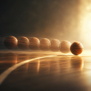 Basketball moving across a bright court with seven subtle motion trails, symbolizing the first seconds after a mistake and the athlete’s return to the game.