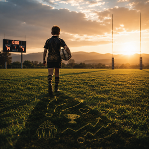 Premium cover image for “The Invisible Scoreboard,” showing a young rugby player on an open field, with a distant scoreboard and symbolic elements suggesting the unseen progress, courage, and character built through sport.