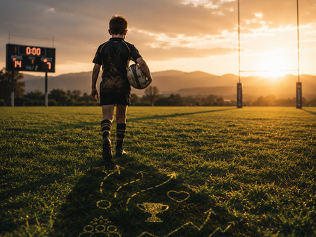 Copil sportiv pe un teren de rugby la apus, mergând spre teren cu mingea în mână, în timp ce umbra lui sugerează progresul invizibil, iar o tabelă de scor apare discret în fundal.