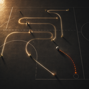 Abstract top-down sports court with glowing training paths and one route moving in a different direction, symbolizing communication challenges with a child who does not listen during practice.