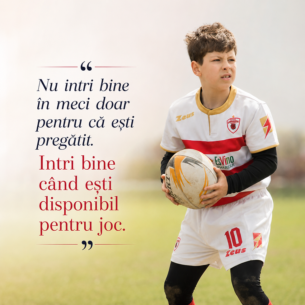 Tânăr jucător de rugby cu mingea în mână, ilustrând diferența dintre pregătire și disponibilitate mentală înainte de meci