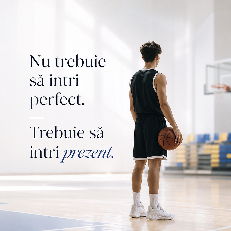Sportiv tânăr pe teren înainte de meci, cu mesaj despre prezență și pregătire mentală înainte de primul fluier