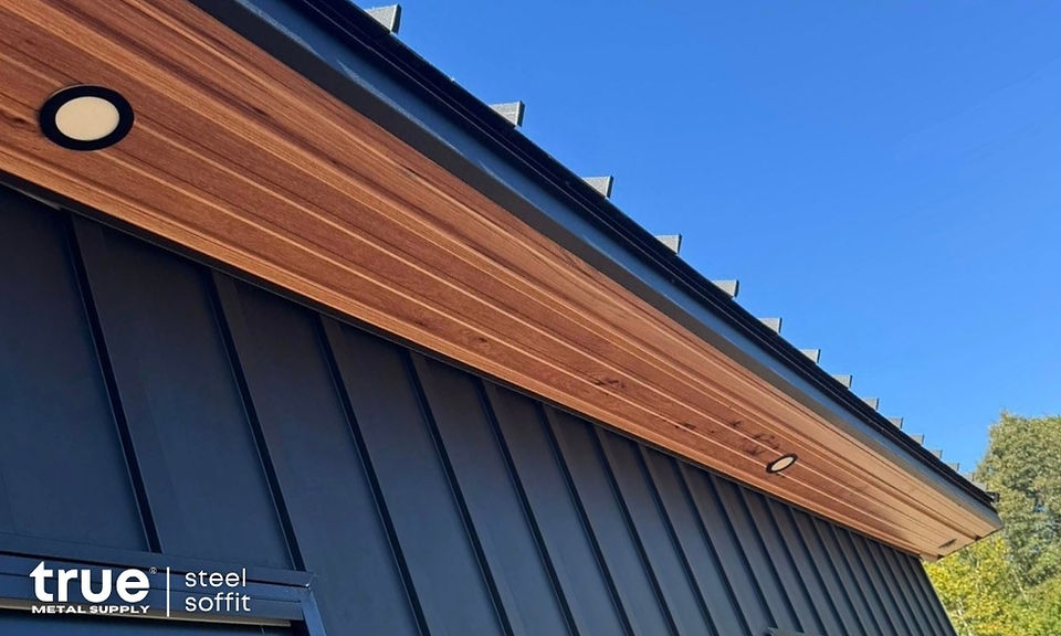 Natural Maple Tuff-Rib Steel Soffit and Textured Black Board & Batten Steel Siding