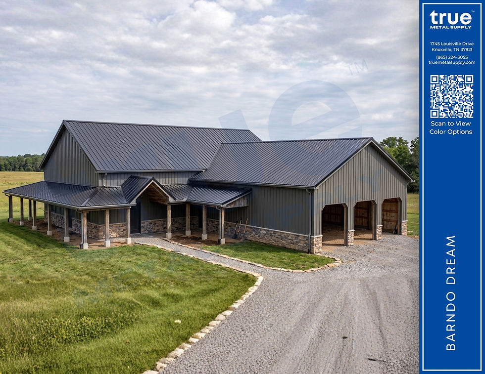 True Metal Supply Post Frame Barndominium Design with Board and Batten Metal Siding and Wainscot