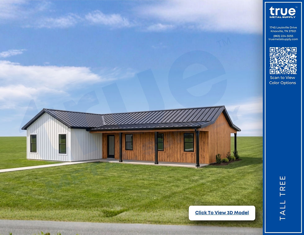 True Metal Supply Post Frame Barndominium Design with White Board & Batten Steel Siding, Cedar Natural Board & Batten Metal Siding and Standing Seam Roof.