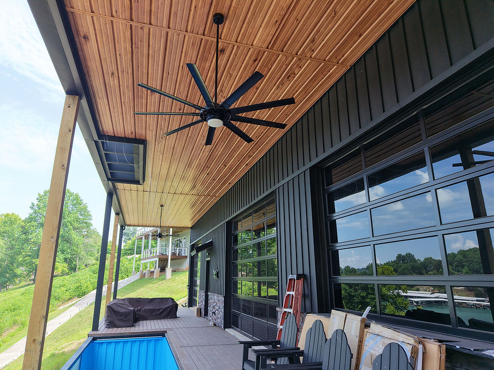 Natural Maple Reverse Run Tuff-Rib Steel Panels with Textured Black Board & Batten Metal Siding
