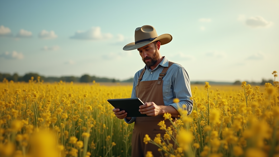 Eye-level view of a farmer using a tablet in a field