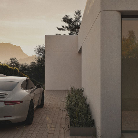 Render 3D de vivienda moderna con fachada minimalista en tonos claros, ventanales de suelo a techo y aparcamiento exterior con coche deportivo al atardecer con vistas a la montaña