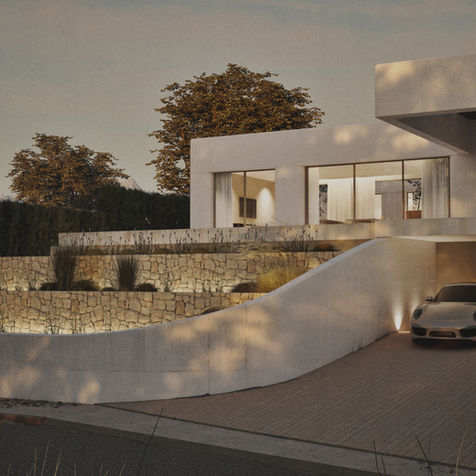 Render 3D de vivienda unifamiliar moderna con fachada minimalista en hormigón blanco, muros de piedra natural y jardín escalonado con iluminación exterior al atardecer.