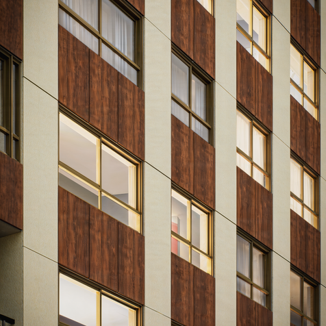Render 3D de una fachada con revestimiento de madera.