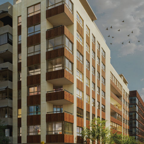 Render 3D hiperrealista de una fachada.