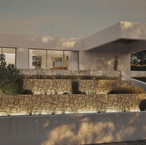 Render 3D de vivienda unifamiliar moderna con fachada minimalista en hormigón blanco, muros de piedra natural y jardín escalonado con iluminación exterior al atardecer.
