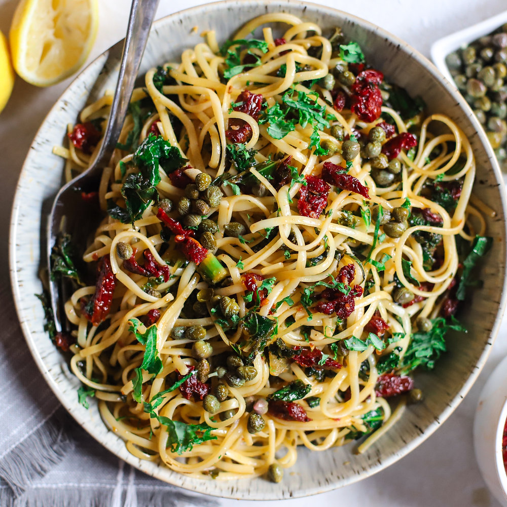 Pasta with Kale, Sun Dried Tomatoes & Capers