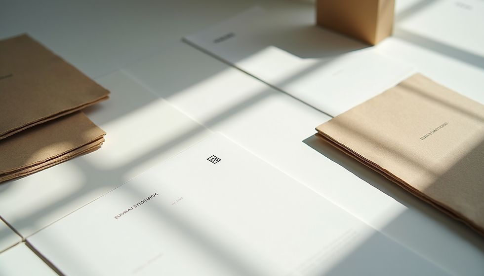 Sunlit minimalist workspace with stacked brown handmade paper folders on a white table, soft shadows, and tiny printed text.
