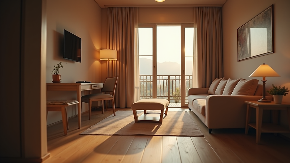 Eye-level view of a cozy hotel room in Kurali