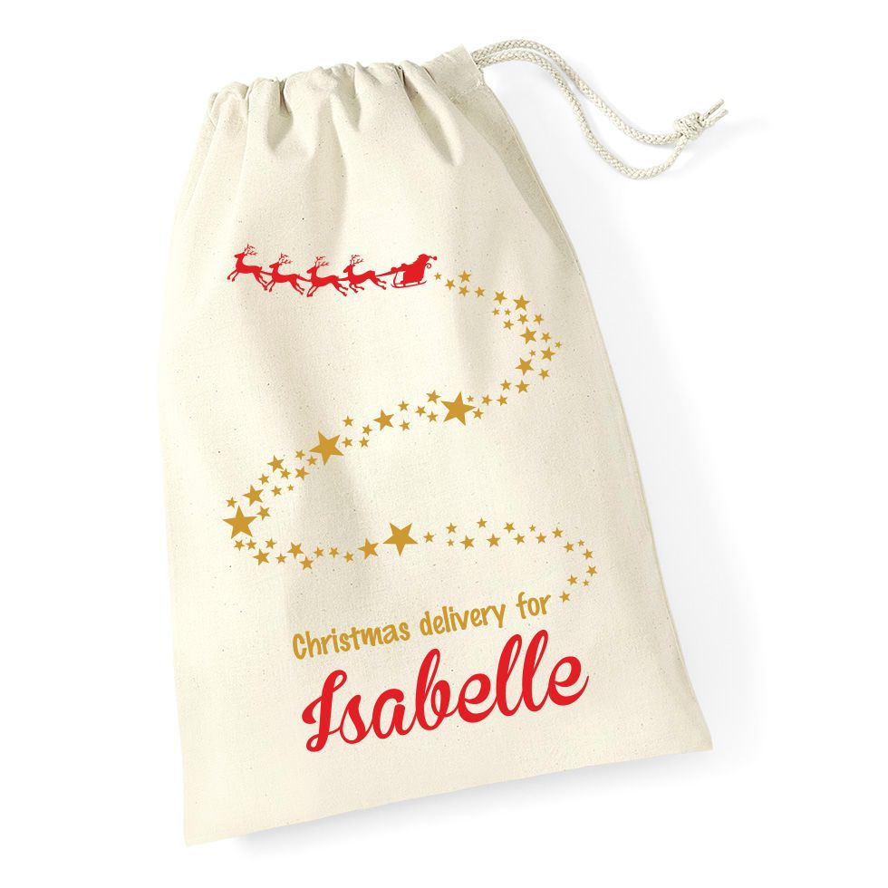 Santa sleigh and stars - Personalised Christmas sack
