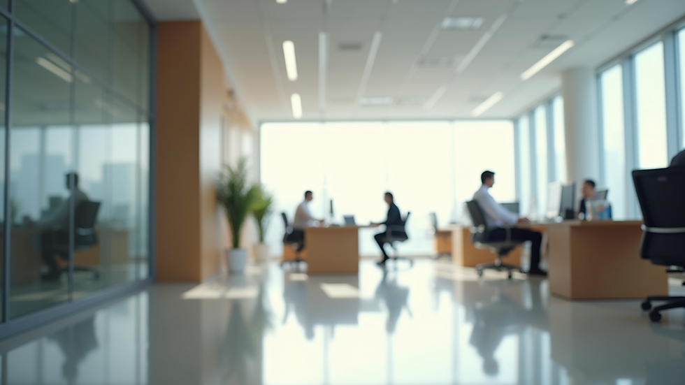 Wide angle view of a bright and accessible office space