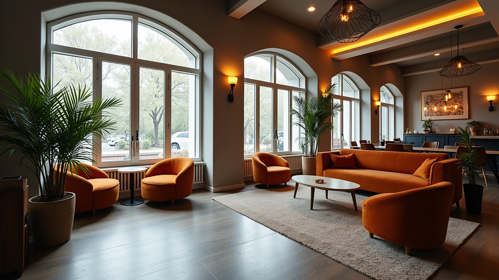 Wide angle view of stylish commercial lounge with modern furniture